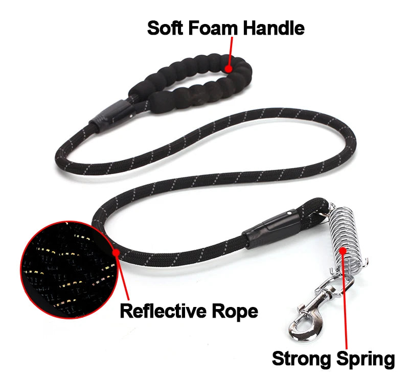 Reflective Nylon Dog Leash with Buffer Spring - Heavy Duty No-Pull, 150cm