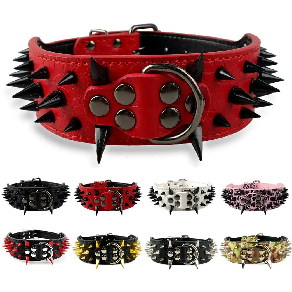 2" (5,08cm) Wide Sharp Spiked Leather Dog Collar – Adjustable, Studded for Medium & Large Dogs