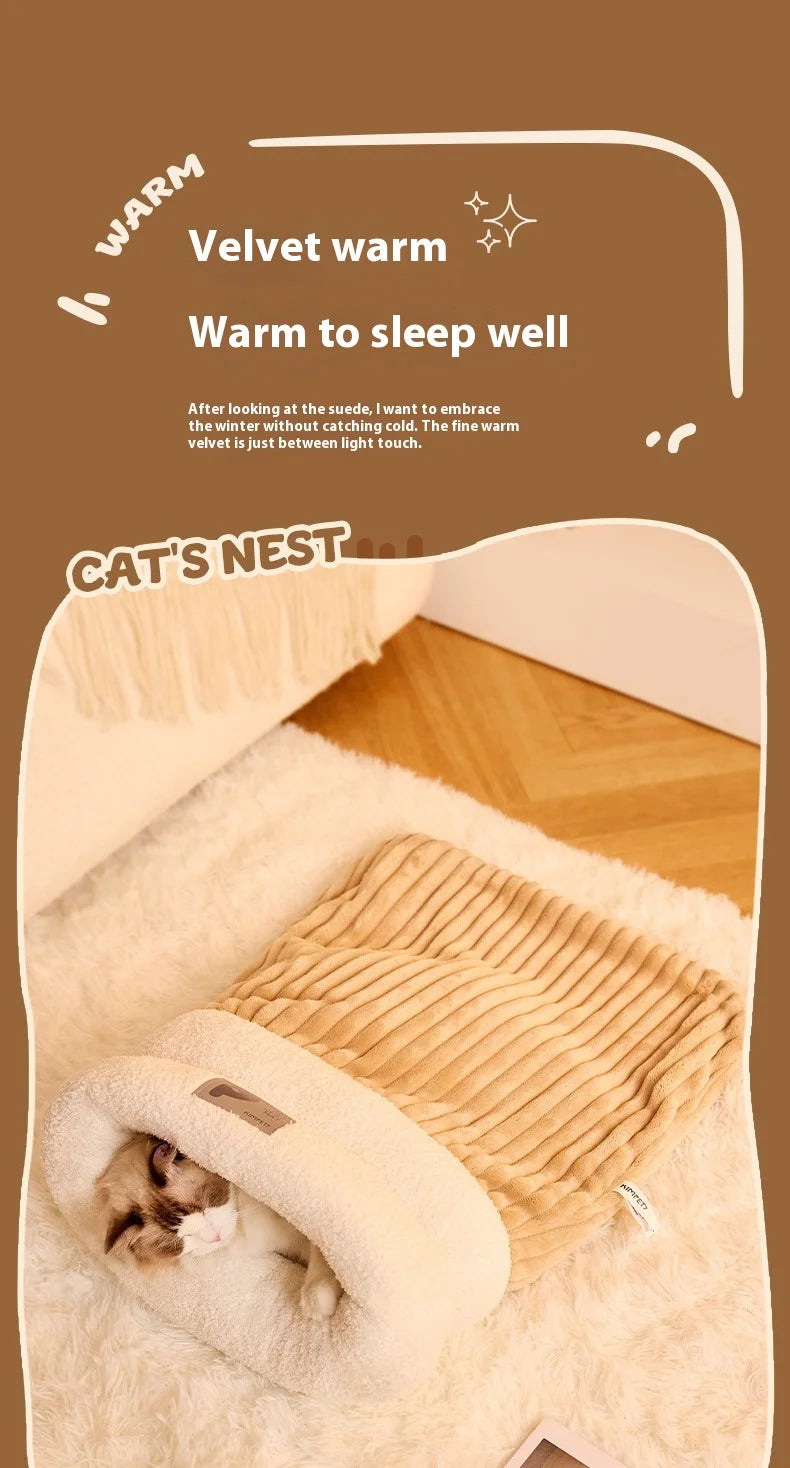 Semi-Enclosed Cat Sleeping Bag – Winter Warm Plush Bed for Cats & Small Dogs, Grey, Brown