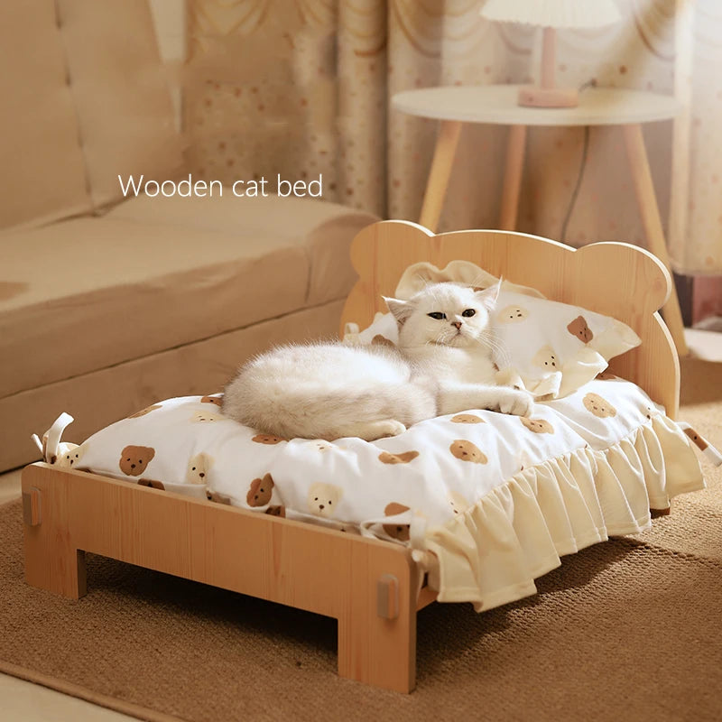 Wooden Cat & Dog Bed – Teddy Bear Pattern Indoor Pet Furniture (50x28 cm)