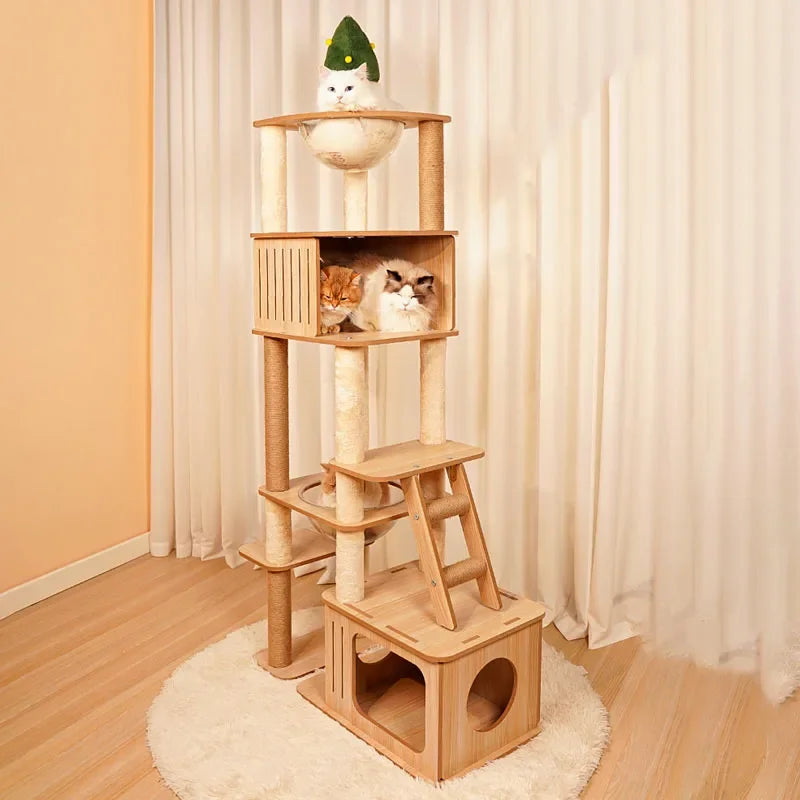 5-Layer Wooden Cat Scratching Post – Multi-Tier Climbing Tower for Cats