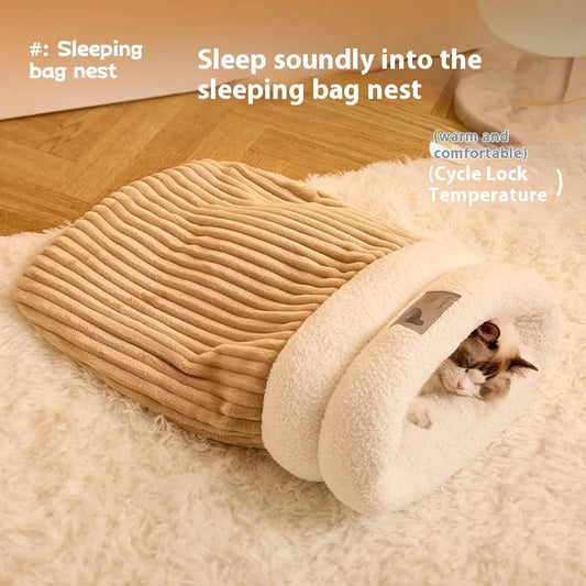 Semi-Enclosed Cat Sleeping Bag – Winter Warm Plush Bed for Cats & Small Dogs