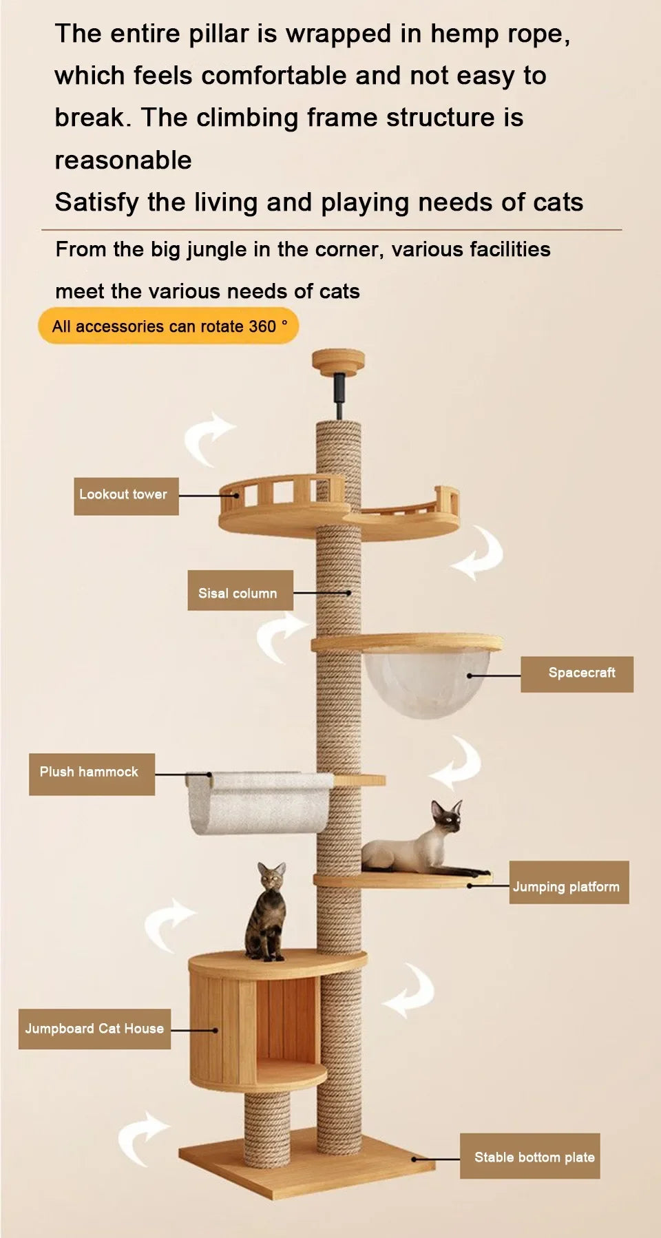 5-Layer Adjustable Cat Tree House Tower – Floor to Ceiling with Flannel Hammock