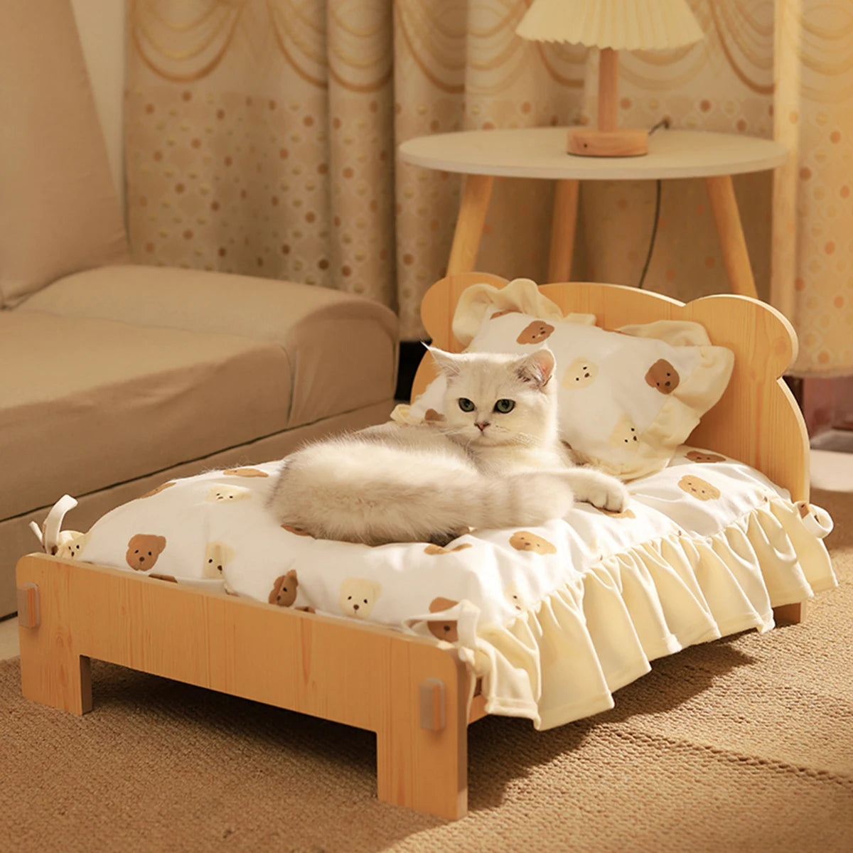 Wooden Cat & Dog Bed – Teddy Bear Pattern Indoor Pet Furniture (50x28 cm)