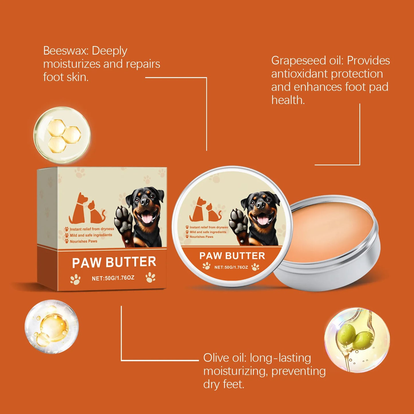 50g Pet Foot Care Soother Cream – Paw Protector Wax for Cats and Dogs Moisturizes and Repairs Dry Foot Pads Available in 1/2/5 Pcs Sets