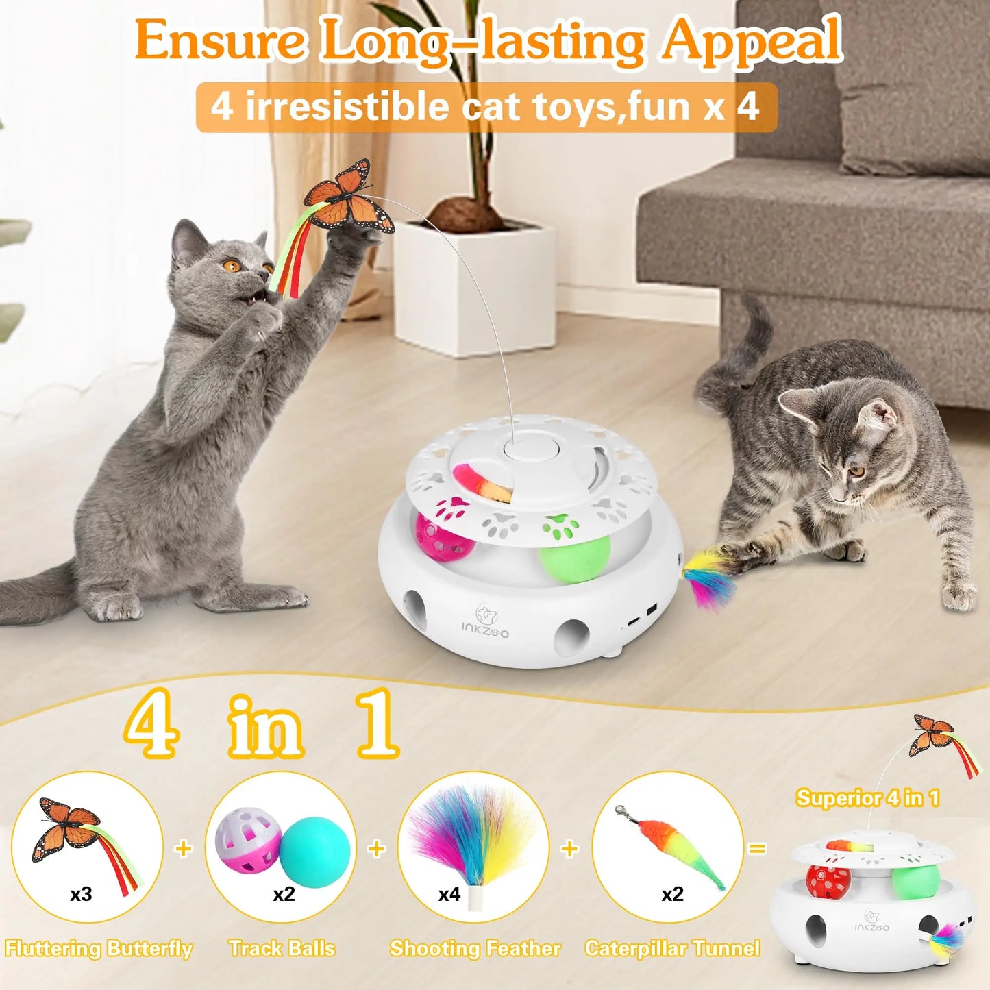 4-in-1 Interactive Cat Toy for Indoor Cats – Automatic Whack-A-Mole with 6 Holes, Fluttering Butterfly, Track Balls USB Rechargeable