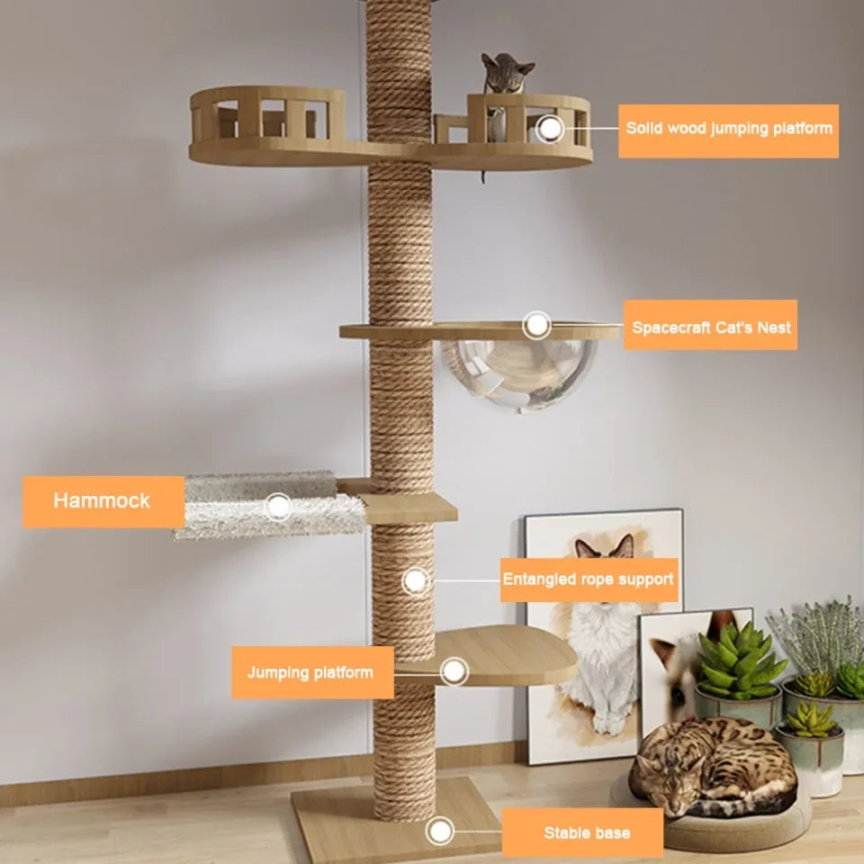 5-Layer Adjustable Cat Tree House Tower – Floor to Ceiling with Flannel Hammock