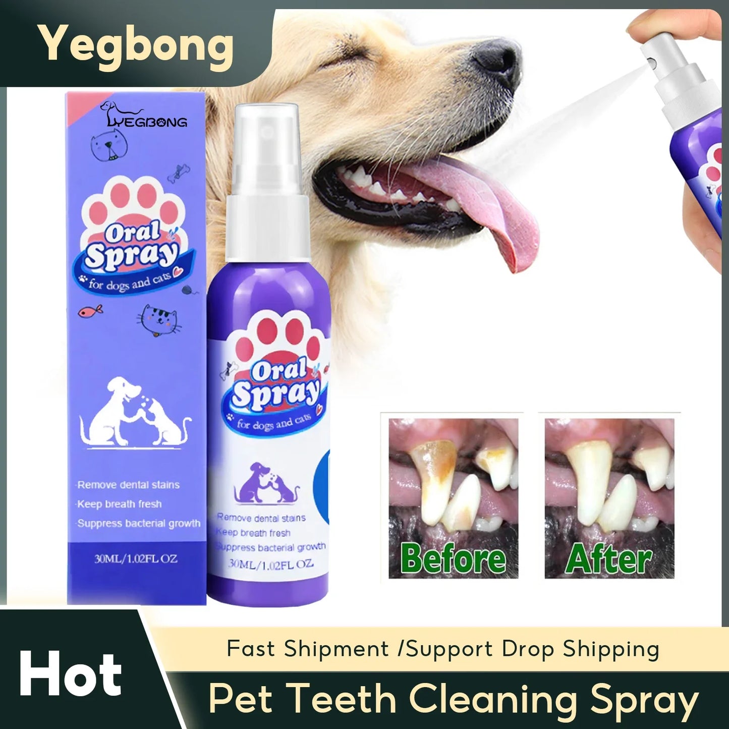 Pet Teeth Cleaning Spray Dog Cat Oral Care Tool Calculus Stain Remover Deodorant for Kitten Bad Breath Treatment