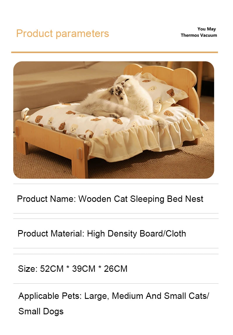 Wooden Cat & Dog Bed – Teddy Bear Pattern Indoor Pet Furniture (50x28 cm)