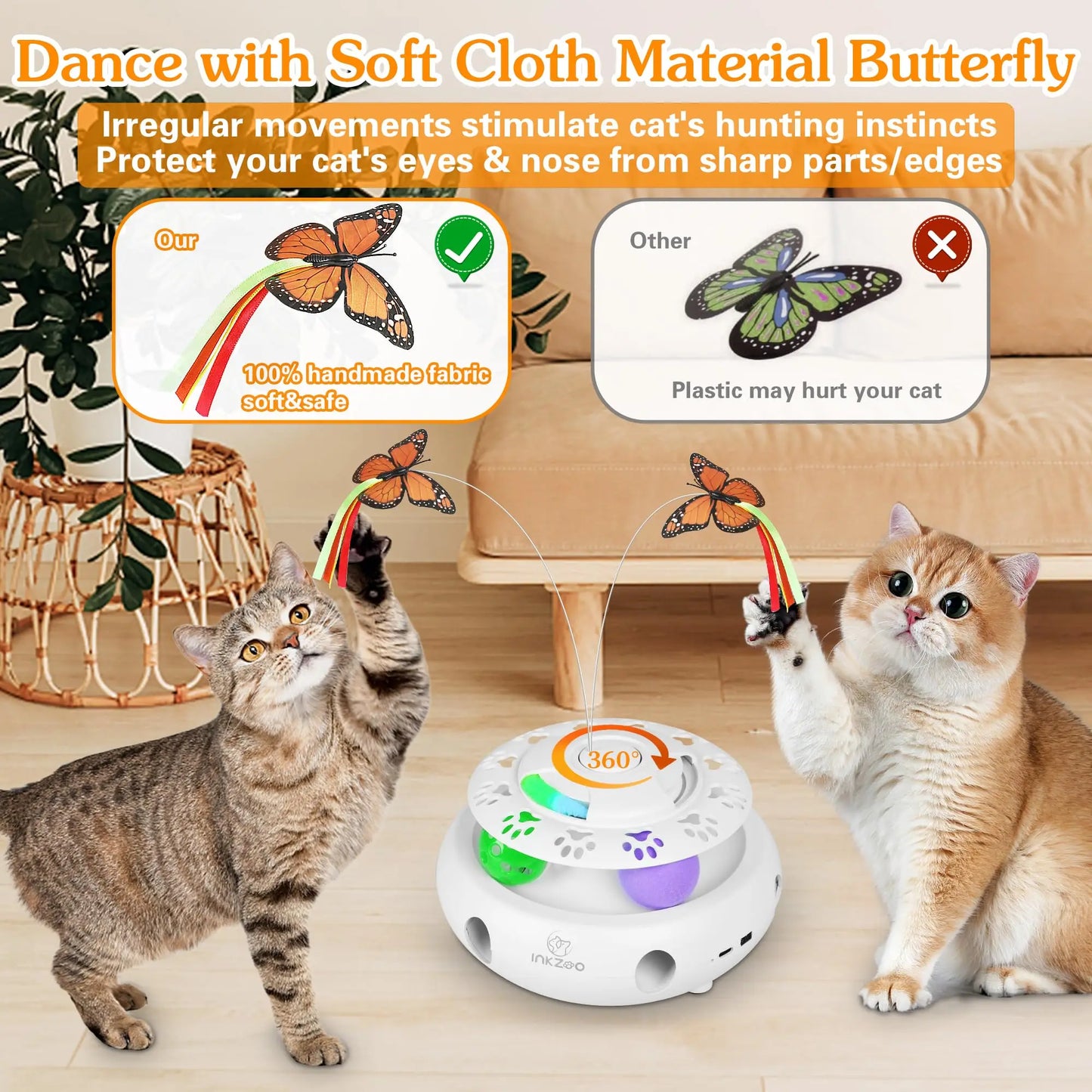 4-in-1 Interactive Cat Toy for Indoor Cats – Automatic Whack-A-Mole with 6 Holes, Fluttering Butterfly, Track Balls USB Rechargeable