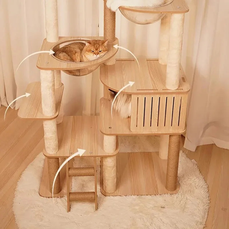 5-Layer Wooden Cat Scratching Post – Multi-Tier Climbing Tower for Cats