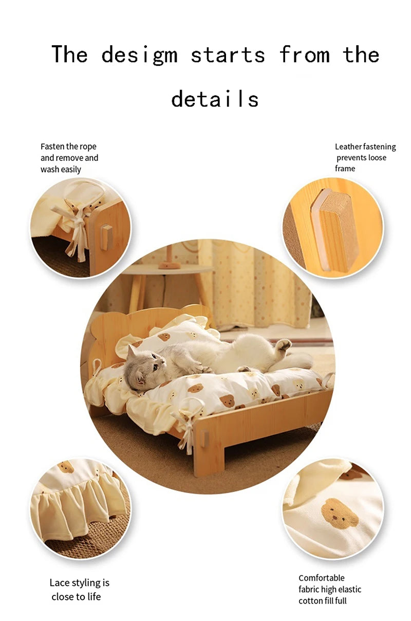 Wooden Cat & Dog Bed – Teddy Bear Pattern Indoor Pet Furniture (50x28 cm)